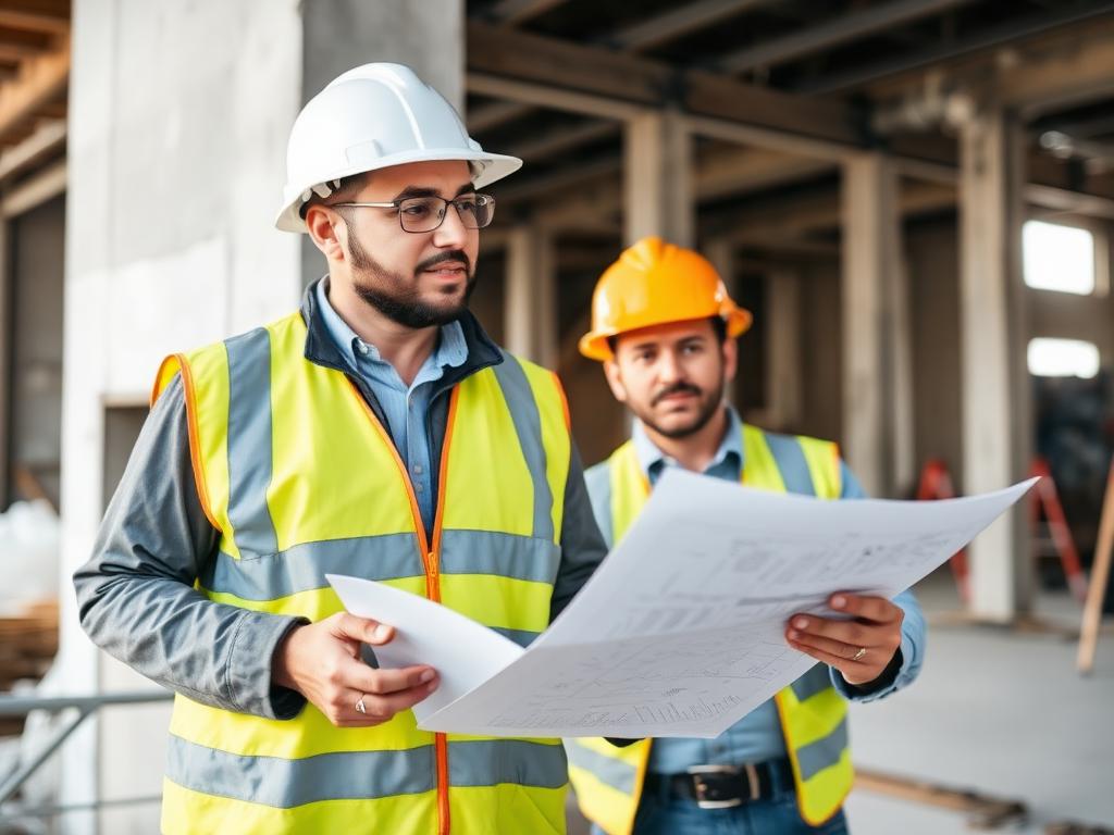Gestão de obra com engenheiro acompanhando projeto em campo